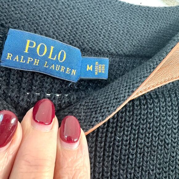 Polo Ralph Lauren Cotton Silk Sweater with Brown Leather Shoulder Accent, Size M - Picture 3 of 8
